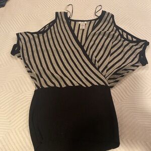 Cache Black and Silver Stripe Cold Shoulder Top.  Sz M